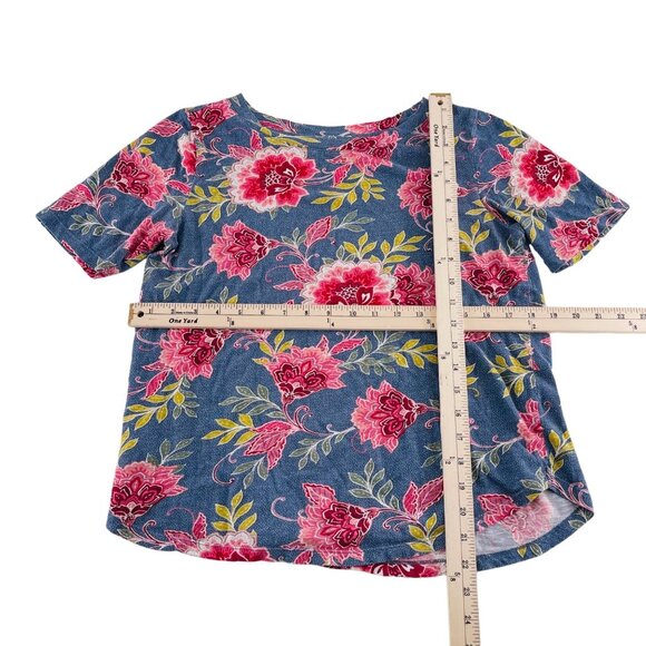 LOFT Womens Floral Print Short Sleeve Top Size Small Colorful Pink Blue Knit - Picture 4 of 5